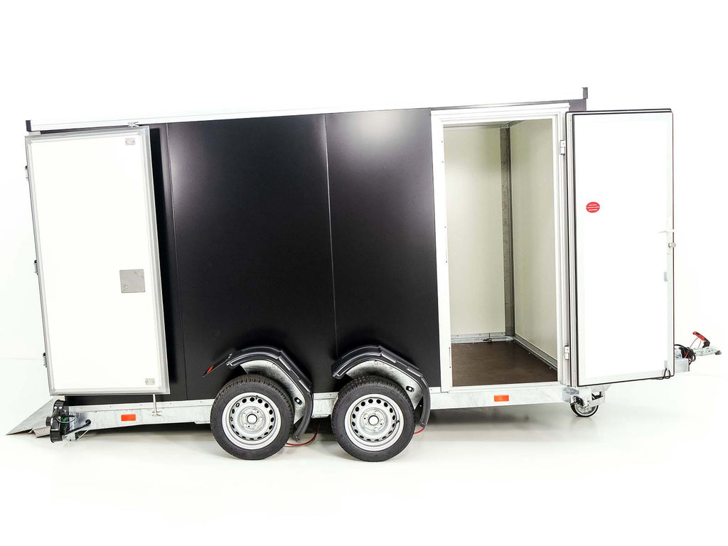 Vezeko Koffer-Absenkanhänger 157x344cm Höhe: 190cm 2,7t | Tür | Schwarz-Neu